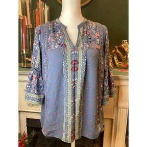 Knox Rose Blue Floral Boho Crochet Bell‎ Sleeve Tunic Top XS